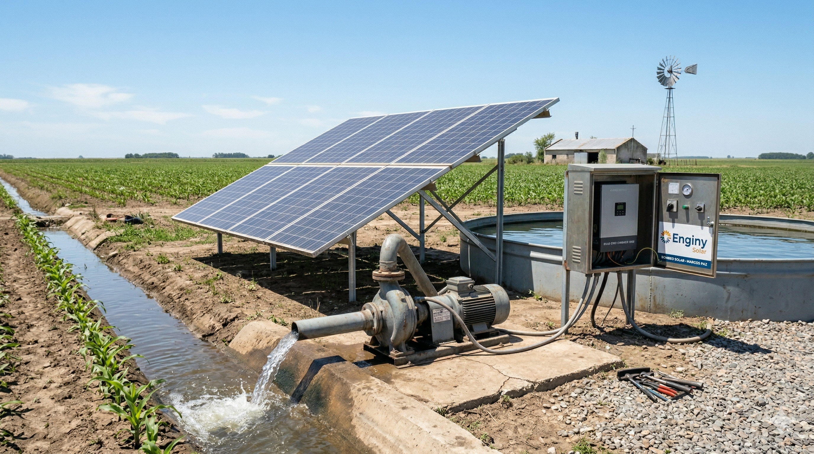Sistemas de bombeo de agua con energía solar, con molino integrado en campo de Buenos Aires